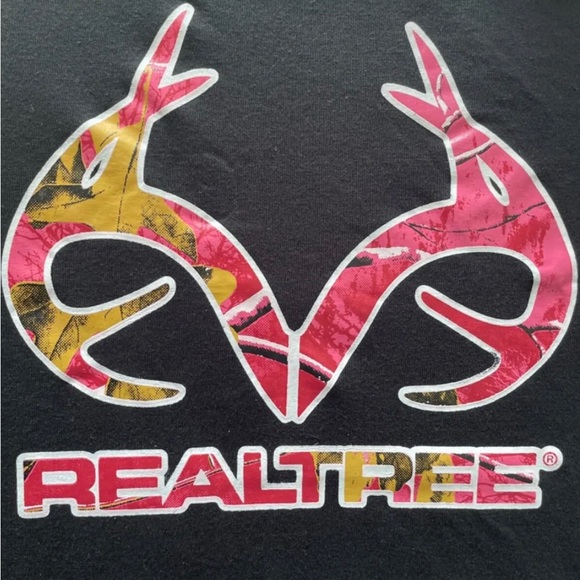 NEW RealTree Womens Short Sleeve Solid Black Graphic T-Shirt Pink Logo M L Large - Picture 3 of 3